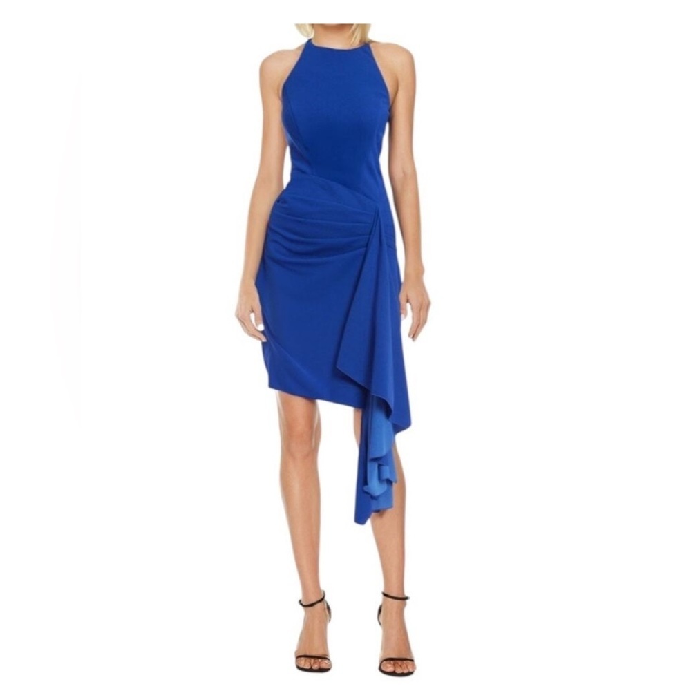 NEW Jewel by Badgley Mischka Alexandra front side drape cocktail dress royalblue